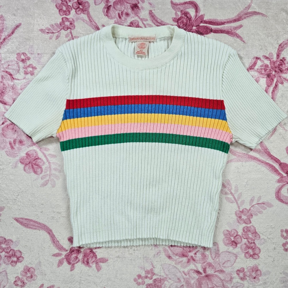 Urban Outfitters Knit Top Womens Medium Ivory Rainbow Stripe Ribbed Tee